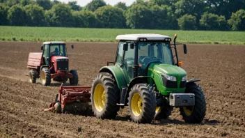 En person som arbeider i et jorde, med en traktor og annet landbruksutstyr i bakgrunnen.