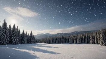 Et vinterlandskap med dypt snø og snøflak som faller fra himmelen