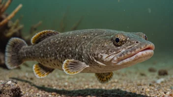 En burbot som svømmer i en elv med steinbunn.