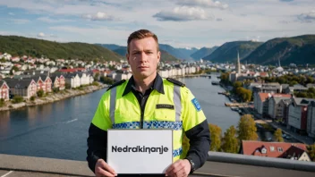 En politibetjent som holder et skilt med teksten 'Nedrakingskampanje' på norsk, med en bybakgrunn.