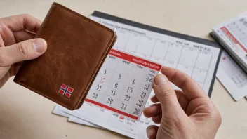 En person som holder en lommebok med et norsk arbeidsledighetstrygdkort i, med en kalender i bakgrunnen.