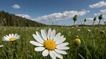 En vakker engblomst med hvite kronblader og en gul midt, som vokser i en frodig grønn eng.