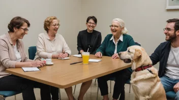 En gruppe mennesker med synshemming samlet rundt et bord, diskuterer og ler sammen.