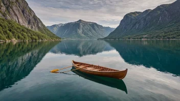 Et fredelig bilde av en tradisjonell norsk robåt som seiler på en rolig fjord.