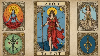 Et tarotkort med intrikate mønster og farger.