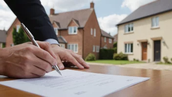 En person som signerer et dokument, med et hus i bakgrunnen.