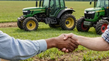 To bønder som håndhilser på en åker med en traktor i bakgrunnen, symboliserer et partnerskap eller samarbeid