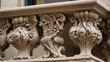 En vakker balustrade på en balkong med intrikate utskjæringer og ornamentale detaljer.