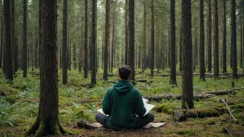 En person i en skog, omgitt av trær og natur, studerer skogsfag