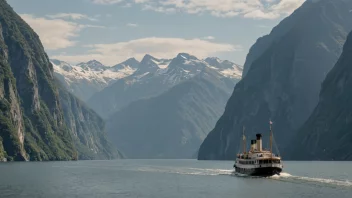 En dampbåt seiler på en fjord med fjell i bakgrunnen