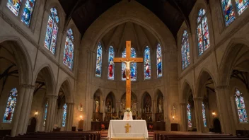 En vakker katolsk kirke med et stort kors og imponerende glassmalerier.