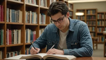 En person sitter ved et skrivebord og leser en bok og tar notater i en notatbok. Det er et bibliotek eller en bokhylle i bakgrunnen med mange bøker.