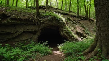 En fredelig og mystisk skog med en gjemt grotte.