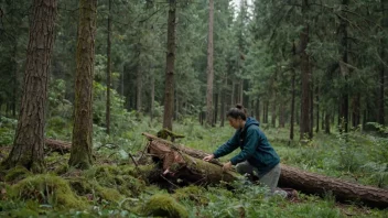 En person i en skog, som passer på trærne og undervegetasjonen.