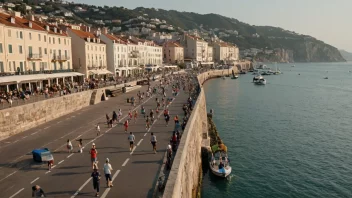 En malerisk havnepromenade med en blanding av moderne og tradisjonell arkitektur, hvor folk nyter friluftslivet.