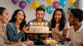 En varm og gledelig scene av mennesker som feirer en fødselsdag med musikk og kake