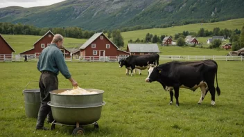 En norsk meieri med kuer som beiter i bakgrunnen og en bonde som kverner smør i forgrunnen.