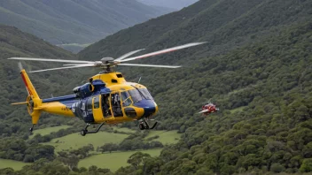 Et helikopter i luften, med en redningsteam ombord, flyr over et naturskjønt landskap.