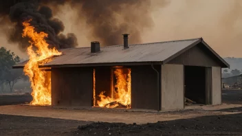 Et hus bygget med brennsikre materialer, med en brann som brenner i bakgrunnen.