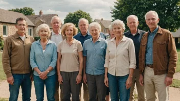 En gruppe mennesker fra ulike aldersgrupper og bakgrunner som står sammen i en liten by eller landsby, med et diskret bakgrunn av hjem og bygninger.