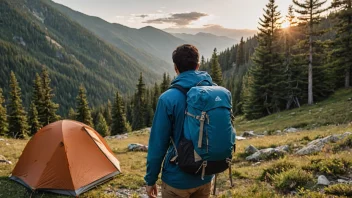 En turgåer med ryggsekk og campingutstyr i et vakkert utendørs landskap.