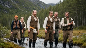 En gruppe mennesker i tradisjonelle klær, jakt og fiske i norske villmark.