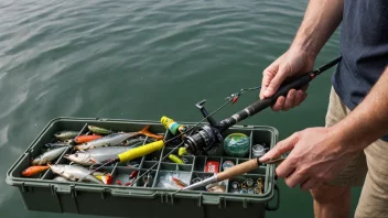 En person som holder en fiskestang med en takkelboks og annet fiskeutstyr i bakgrunnen.