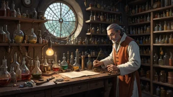 En alchemist som arbeider i et laboratorium, omgitt av ulike utstyr og merkelige gjenstander.