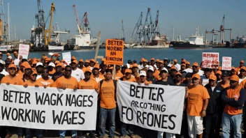 En gruppe havnearbeidere som protesterer foran en havn.