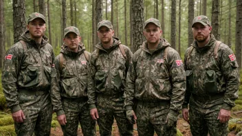 En gruppe jegere i kamuflasje, stående sammen i en skog, med et norsk flagg i bakgrunnen.