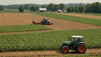 En gård med et stort jorde med avlinger, en traktor og en bonde som arbeider i bakgrunnen.