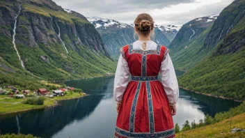 En person som holder en tradisjonell norsk drakt, med en bakgrunn av et tradisjonelt norsk landskap.