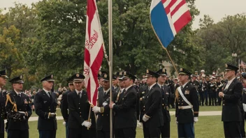 En flagghissningsseremoni med en gruppe mennesker i formelle klær, en flaggstang og et flagg som vifter i vinden.