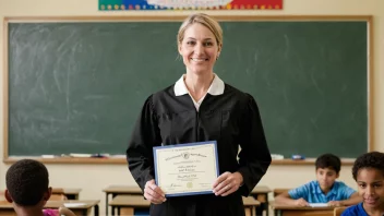 En lærer som holder et lærerdiplom, med en bakgrunn av en skole eller et klasserom.