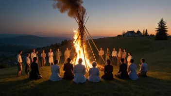 En tradisjonell norsk midsommarfeiring med bål og maiestang.