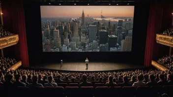 Et moderne teater med en scene og publikum, med en bysilhuett i bakgrunnen.