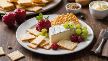 En deilig tallerken med kalvost, servert med knekkebrød og fersk frukt