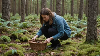 En person som samler inn sopp i en skog.