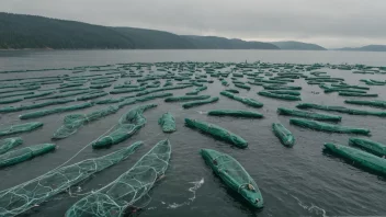 En laksoppdrett i havet med mange fisk som svømmer inni nettene