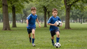 En ung gutt i sportstøy, løper med en fotball i en park