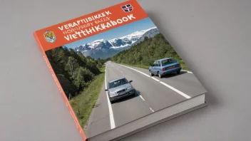 Et bilde av en norsk vei med en bil som kjører trygt, med en håndbok eller manual i forgrunnen.