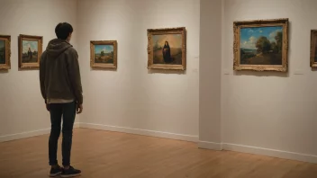 En person som står alene i en kunstgalleri med sine egne kunstverk på utstilling, noe som formidler en følelse av uavhengighet og selvuttrykk.