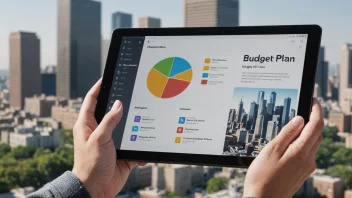 En person som holder en nettbrett med en budsjettplan på skjermen, med en bysilhuett i bakgrunnen.
