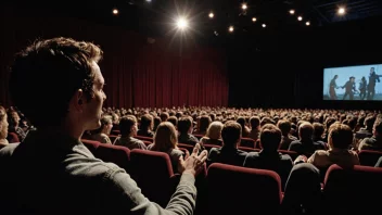 En person står på en scene og introduserer en film for et sittende publikum.