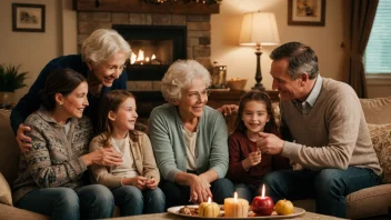 En varm og koselig familie scene med flere generasjoner og familiemedlemmer som interagerer med hverandre.