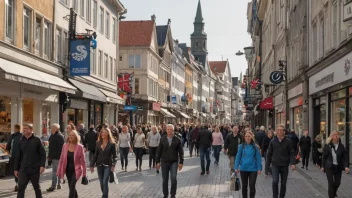 Et bysentrum med en blanding av gamle og nye bygninger, med en sentrumsforretning som har en lys og invitende butikkfasade.