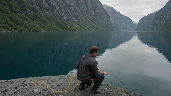 En person som måler dypde på en fjord med et langt tau.