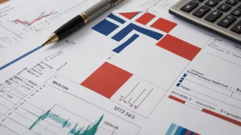 En detaljert illustrasjon av en økonomisk rapport med diagrammer, grafer og tabeller, med et norsk flagg i bakgrunnen.