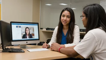 En utdanningsveileder som hjelper en student med å velge rett universitetsprogram.