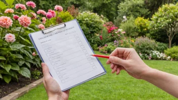 En person står i en hage og holder en sjekkliste, med en vakker blomstrende hage i bakgrunnen.